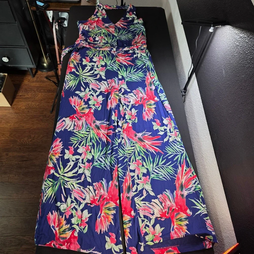 Sofia Jeans by Sofia Vergara‎ Tropical Parrot Halter Wide Leg Jumpsuit Navy L